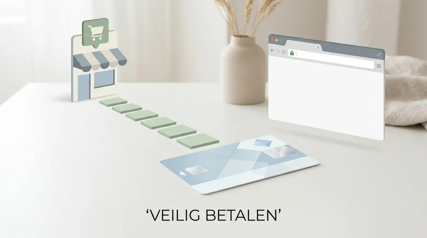 Neutrale illustratie van een prepaid voucher die via een beveiligde betaalroute naar een online merchant gaat