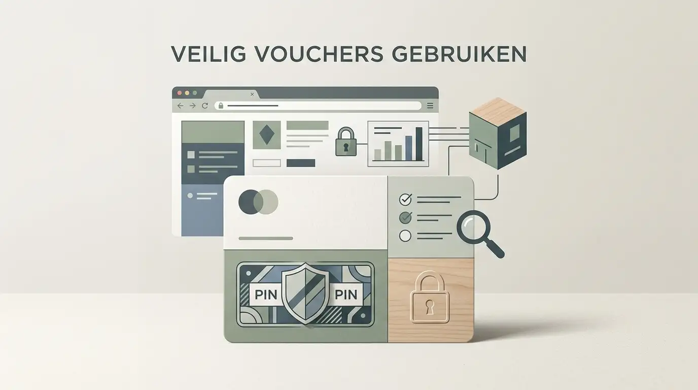 Neutrale illustratie van een voucher met afgeschermde PIN naast een beveiligde browser en een controlelijst