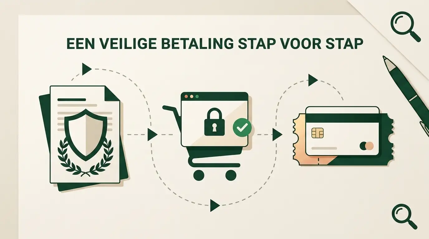 Redactionele illustratie van een Nederlandse controlelijst met vergunning, merchant en betaalroute als afzonderlijke stappen